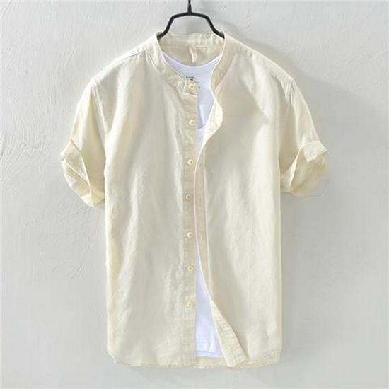 Мужская белая льняная рубашка с коротким рукавом и воротником-стойкой, свободного кроя, легкий летний хлопок.
