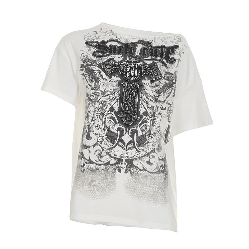 Gothic Print Loose T Shirts Women Casual White T-shirts Spring Autumn Oversized Tees Y2k Tops Streetwear