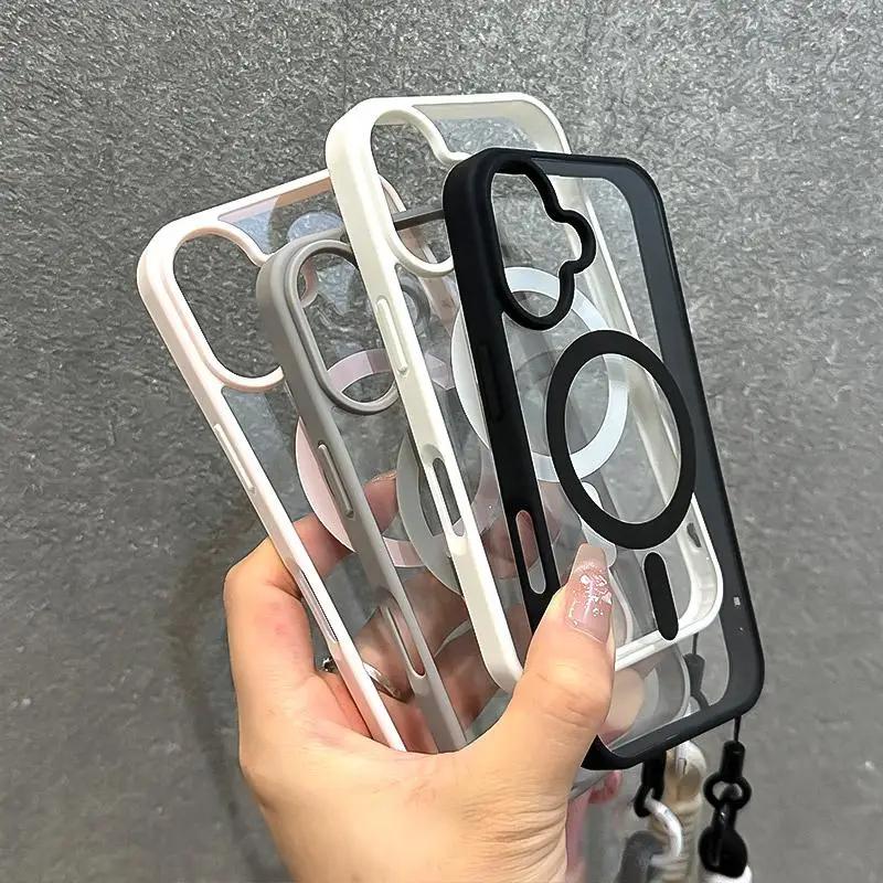 Прозрачный чехол Magsafe для iPhone 15 14 16 Plus 11 12 13 Mini 16 Pro Max с ремешком на запястье, противоударный, бронированная задняя крышка