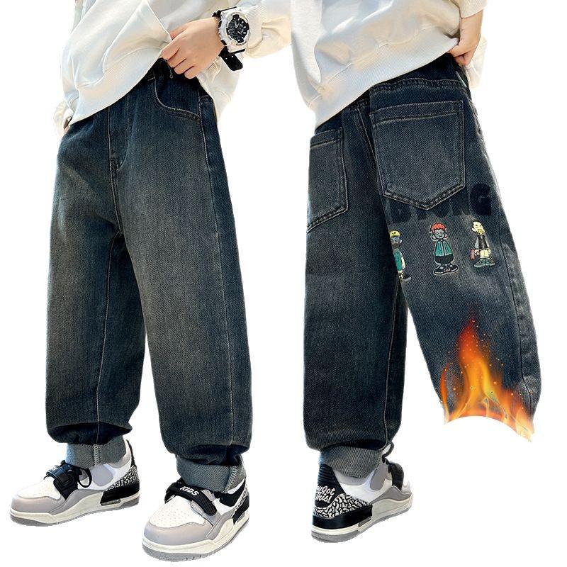 Детские зимние джинсы с толстой флисовой подкладкой - Теплые хлопковые брюки для детей среднего и старшего возраста (Коллекция 2025 г.)