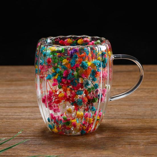 Кружка из двухслойного стекла с сухоцветами 250/350 мл, термостойкая, с ручкой, кофейная чашка для горячих напитков, уникальная художественная стеклянная посуда