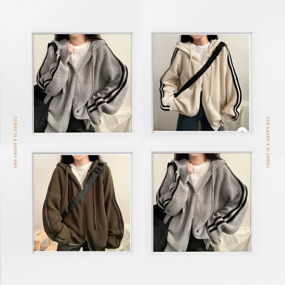 Korean Chic Striped Drawstring Hooded Knit Cardigan for Women - Loose Fit, Long-Sleeved, Autumn/Winter Style