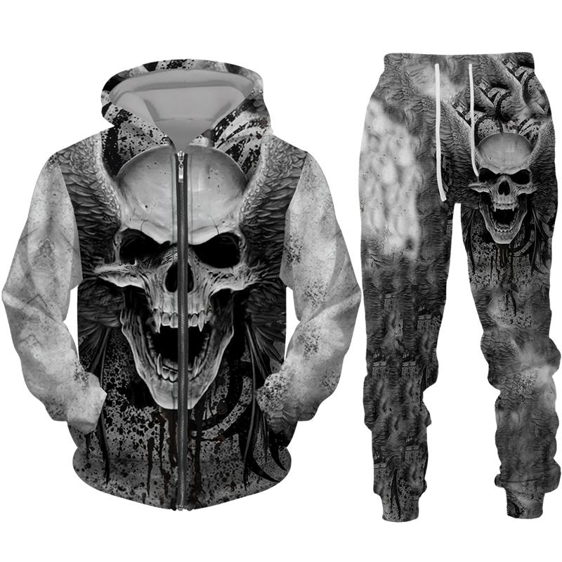 Cool Skull 3D Printed Black Zipper Hoodie Pants Suit Gothic Punk Style Men Women Tracksuit Set 2023 Halloween Streetwear Costume