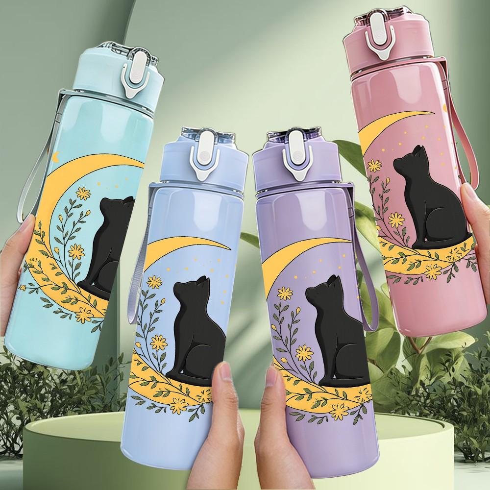 1PC Moon And Black Cat Art 750ml Color Plastic Sports Water Bottle Leakproof Flip Straw Lid Suitable for Sports Office Home Use