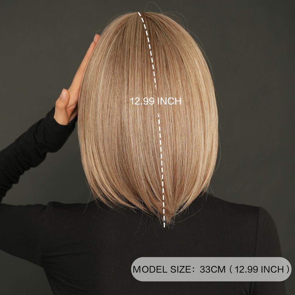 Professional WIGS Synthetic Short Straight Ash Brown Bob Wig for Women High Density Layered Highlight Blonde Hair Wigs with Neat Bangs