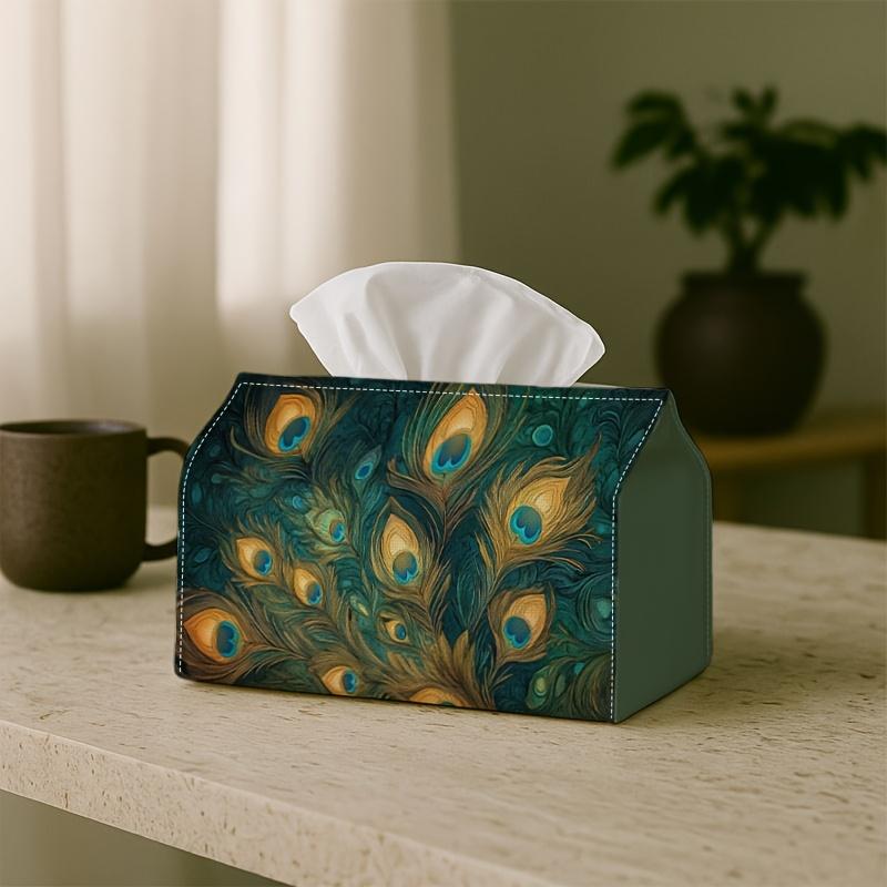1pc Decorative Oriental Botanical Tissue Box Holder | Peacock Feather Teal Golden, Polyester, Perfect for Living Room, Dining Room, Bedroom, Bathroom,
