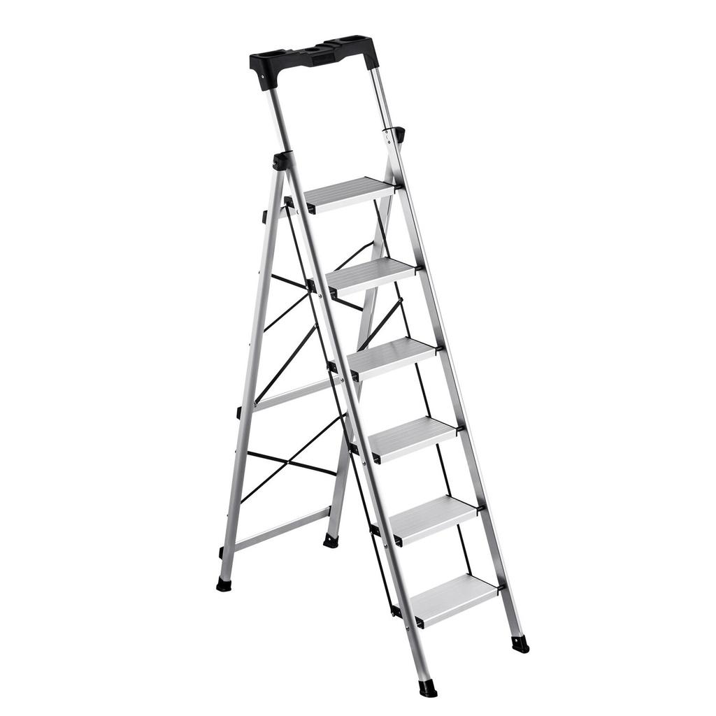 6 Step Ladder, Folding Step Stool with Wide Anti-Slip Pedal and Comfort Handgrip, 150 kg Capacity Portable Aluminum Stepladder, Multi-Use for Kitchen,