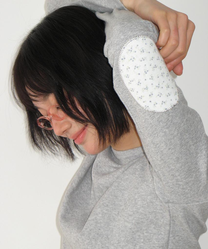 RONRON Floral Elbow Patch Long Sleeve Gray