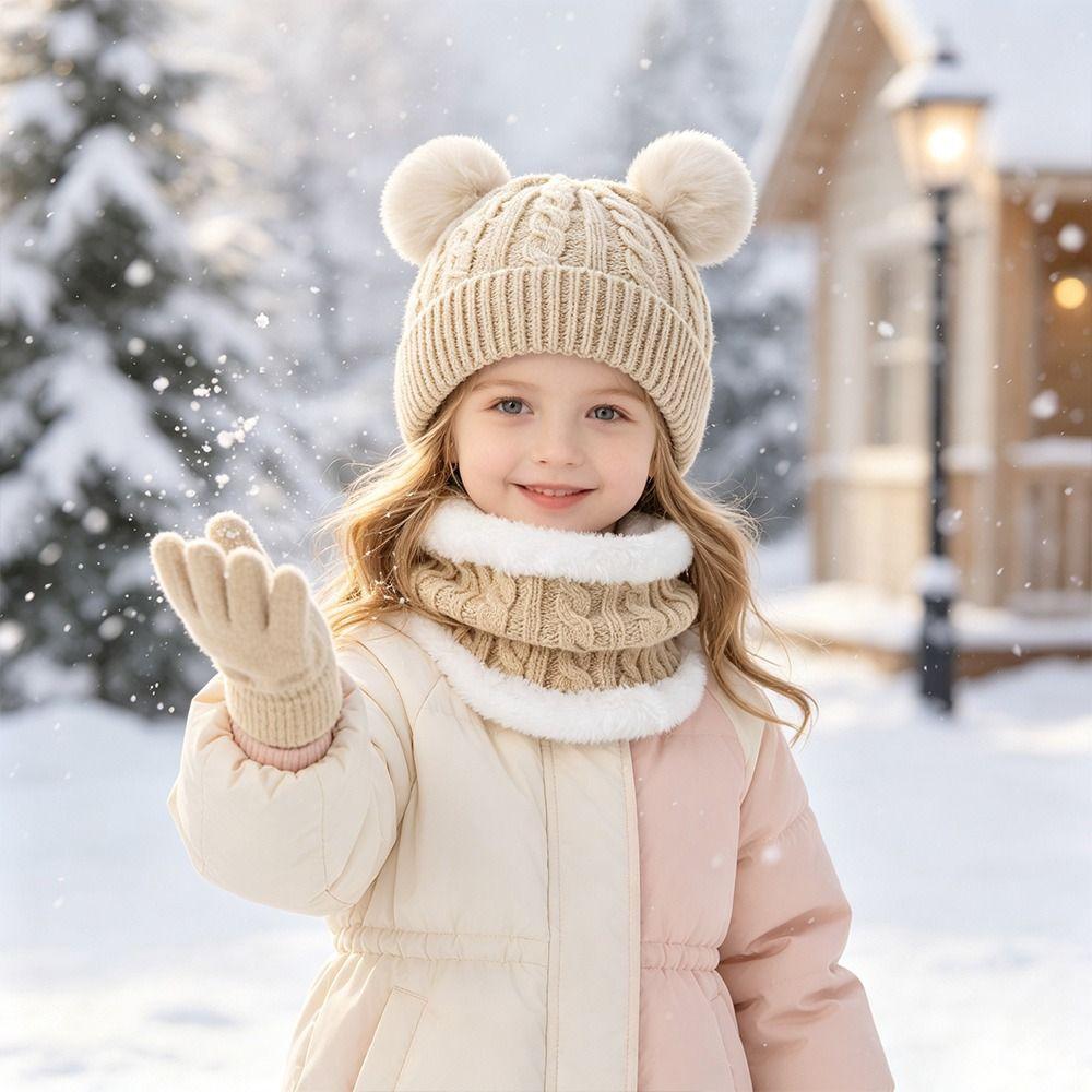 3Pcs/Set Plush Children Scarf Hat Gloves Set Warm Bonnet Gloves Kits Knitted Hats Scarfs Outdoor