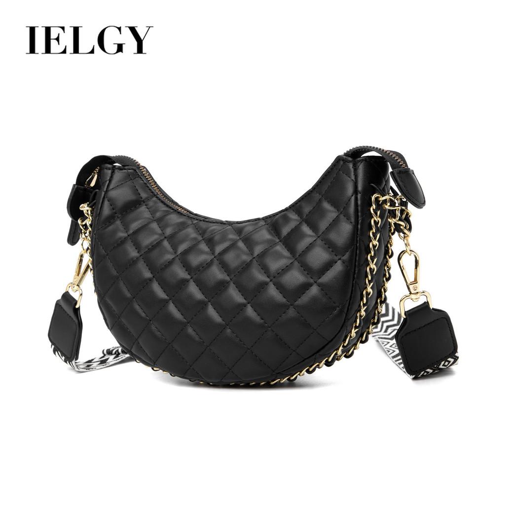 Ielgy Ladies Wide Shoulder Strap Messenger Bag Diamond Embroidered Chain Shoulder Dumpling Bag