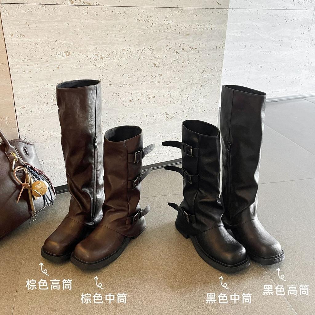 6/8Cm Heightening Thick-soled Trouser Boots Women's Autumn Knight Boots Children's Long Boots Thick Heel Buckle Belt Medium Tube Stacking Boots.