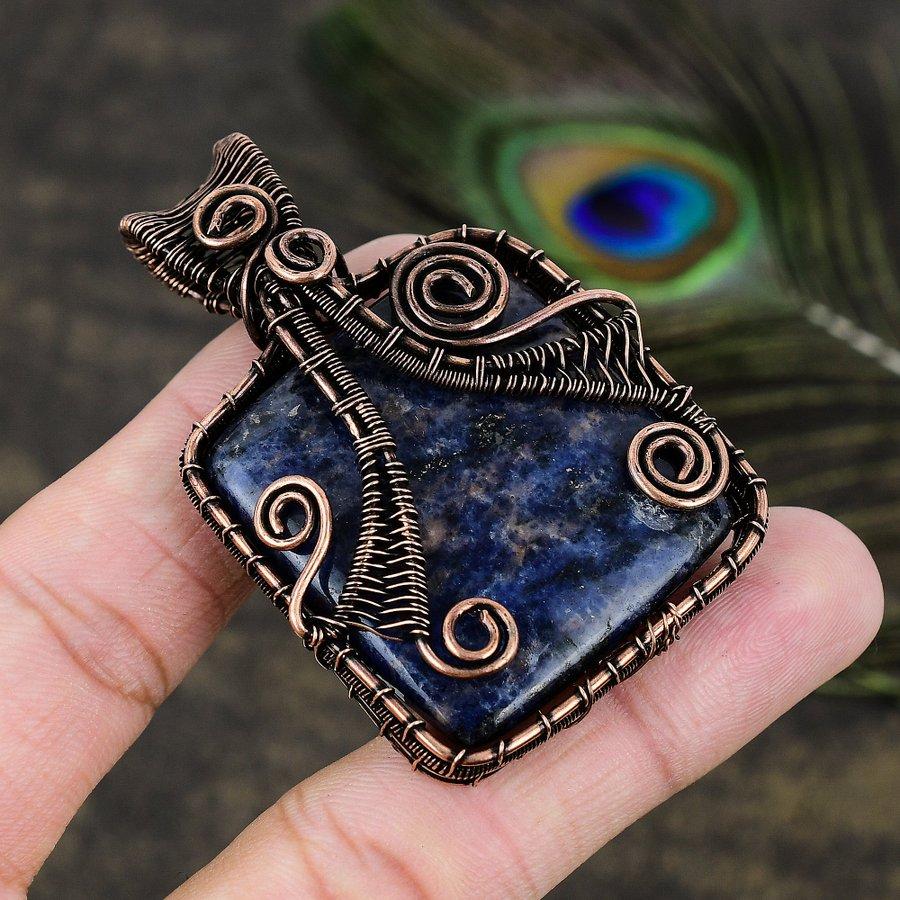 Содалит Драгоценный камень Медная проволока Обернутый Ювелирный Кулон 2.44