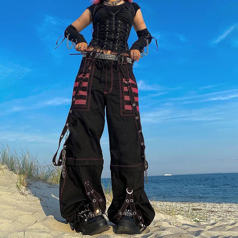 Gothic Women Punk Cargo Pants Dark High Waist Baggy Trousers Pockets Grunge Y2k Streetwear