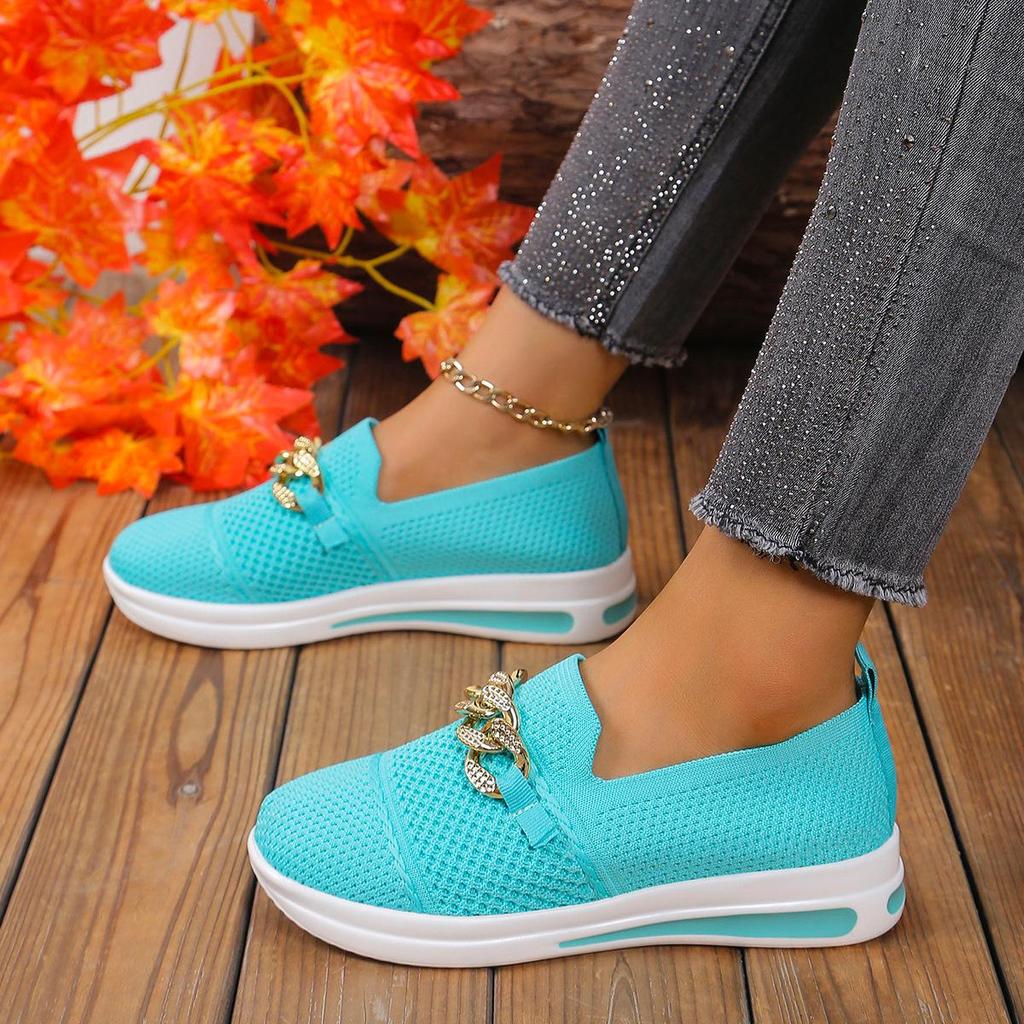 Fashion Women Pink Casual Shoes Breathable Mesh Shoes Woman Lightweight Chain Shallow Ladies Wedge Heels Shoes Spring Autumn Loafers
