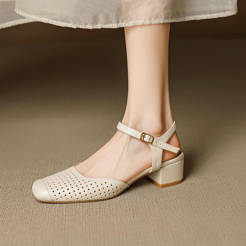 Мода 2025 Новые Базовые Средние Каблуки Женские Сандалии Квадратный Носок Ремешок с Пряжкой Слингбэки Туфли Зрелая Натуральная Кожа Перфорированные Туфли Женские