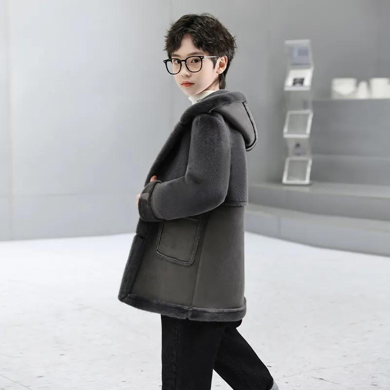 Детская шерстяная куртка для мальчиков осень-зима, пальто плюс утолщенный бархат, верхняя одежда для мальчиков, 2 цвета