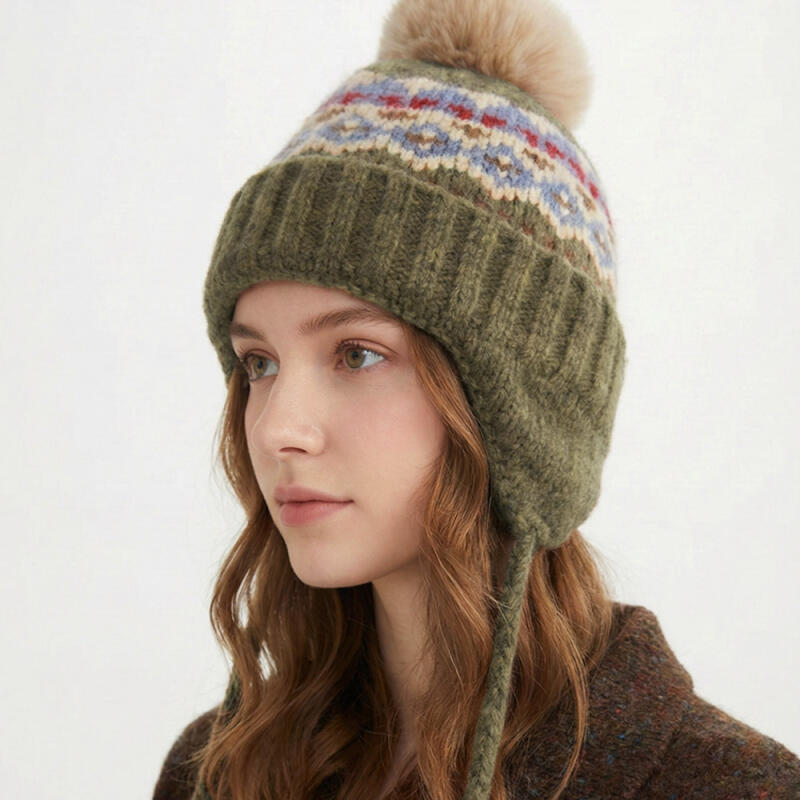 Шапка Shara Winter с ушками Норвежская вязаная шапка с помпоном K258