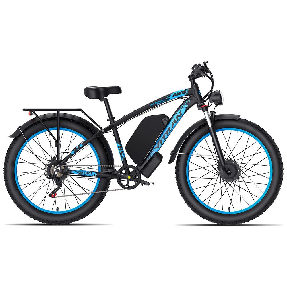 Electric Bicycle Adult Vitilan H5 1000Wx2 Motor LCD Display 52V 25AH Shimano 7 Speed All Terrain Ebike Max Load 150Kg Blue