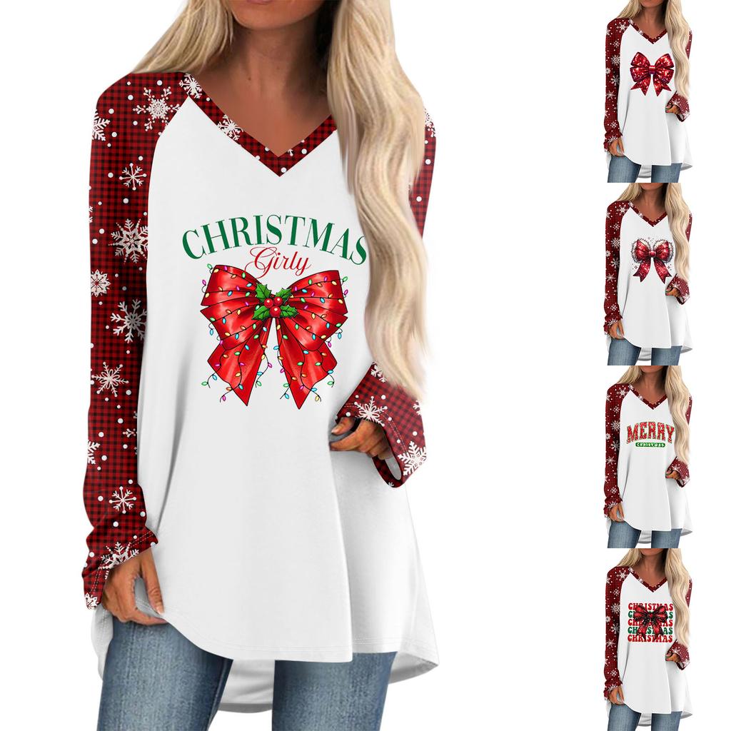 Women's Autumn And Winter Long Sleeved V-neck Christmas Printing Casual Long Loose T-shirt Top