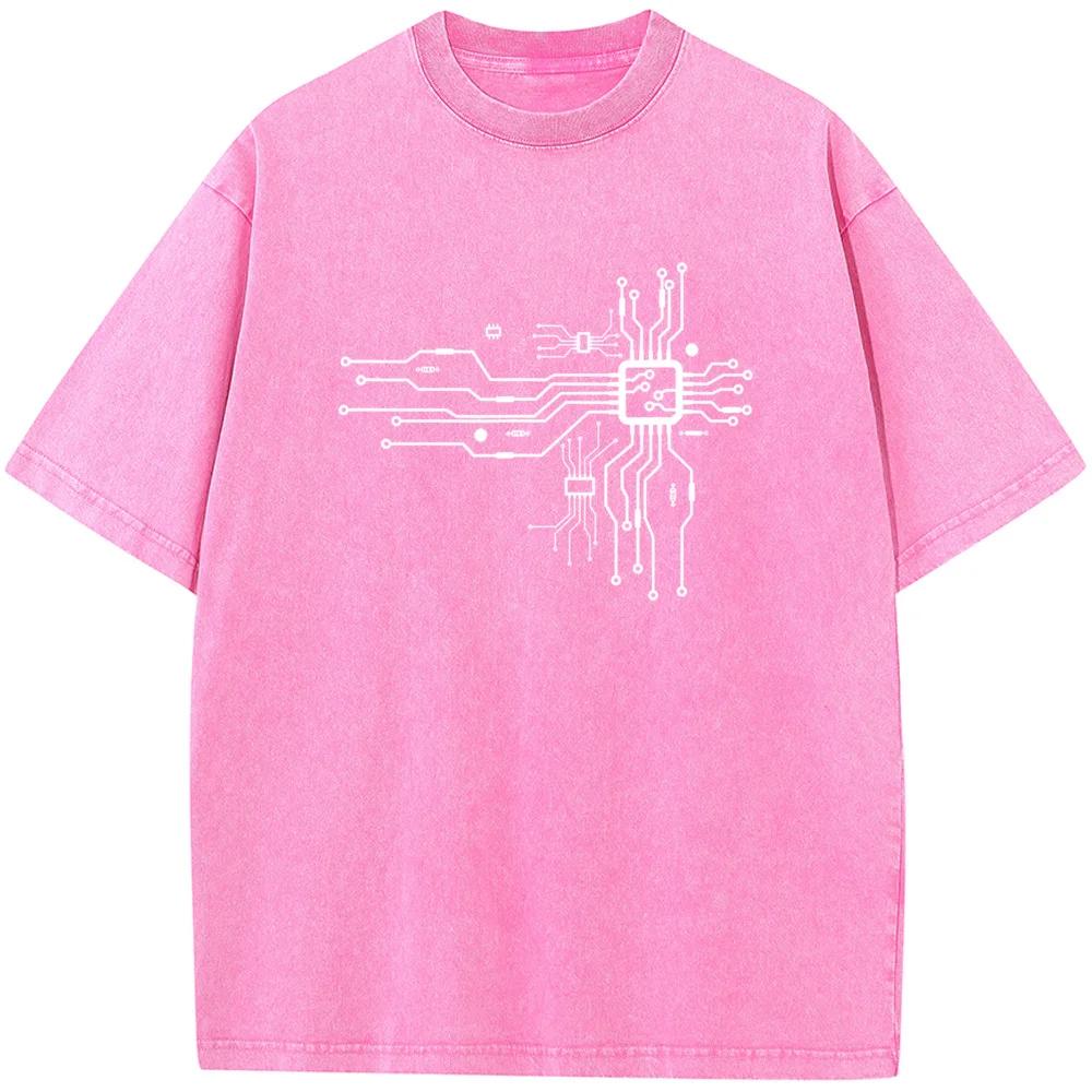 CPU Processing Chip Route Men's Short-Sleeved T-shirt Streetwear Men Washed T-shirts Vintage Colored Mens T-shirts