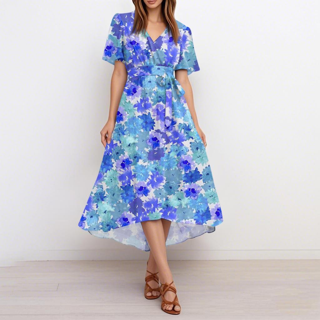Женское летнее модное расклешенное платье с V-образным вырезом и короткими рукавами с цветочным принтом