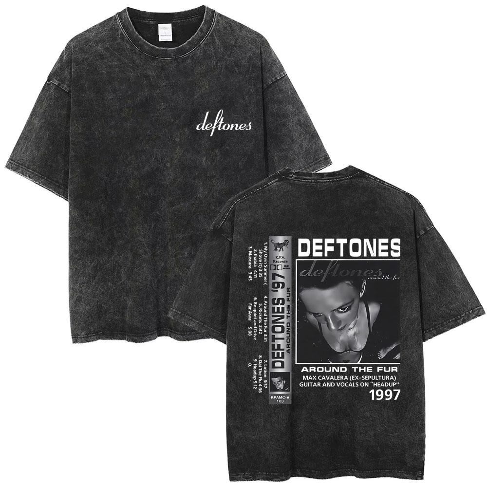 Стирка Винтажные Футболки с Графикой Кота Рок-Группы Deftones Мужские Альтернативный Хэви-Метал Короткий Рукав Мужской Ретро Уличная Одежда