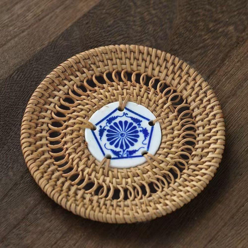 Rattan Weaving Teacup Mat Handmade Drink Cup Mat Vietnamese Rattan Ceramic Coaster Bar