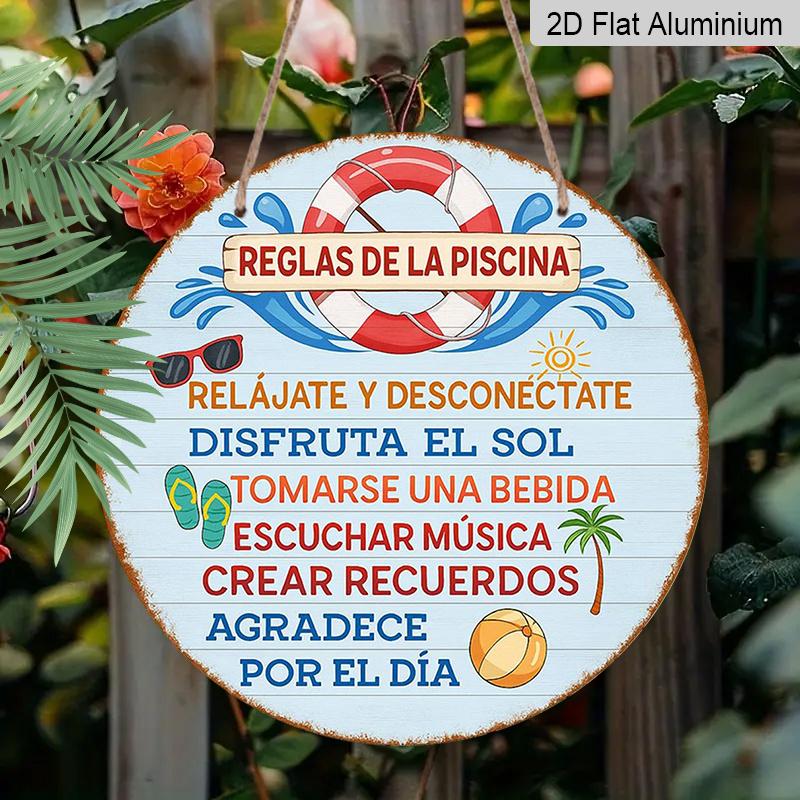2D Flat, 1pc 7.87x7.87in/20x20cm Round Aluminum Sign, Vintage "Pool Rules" Decorative Plaque, "Summer Beach Fun & Relaxation Rules" Decorative Sign