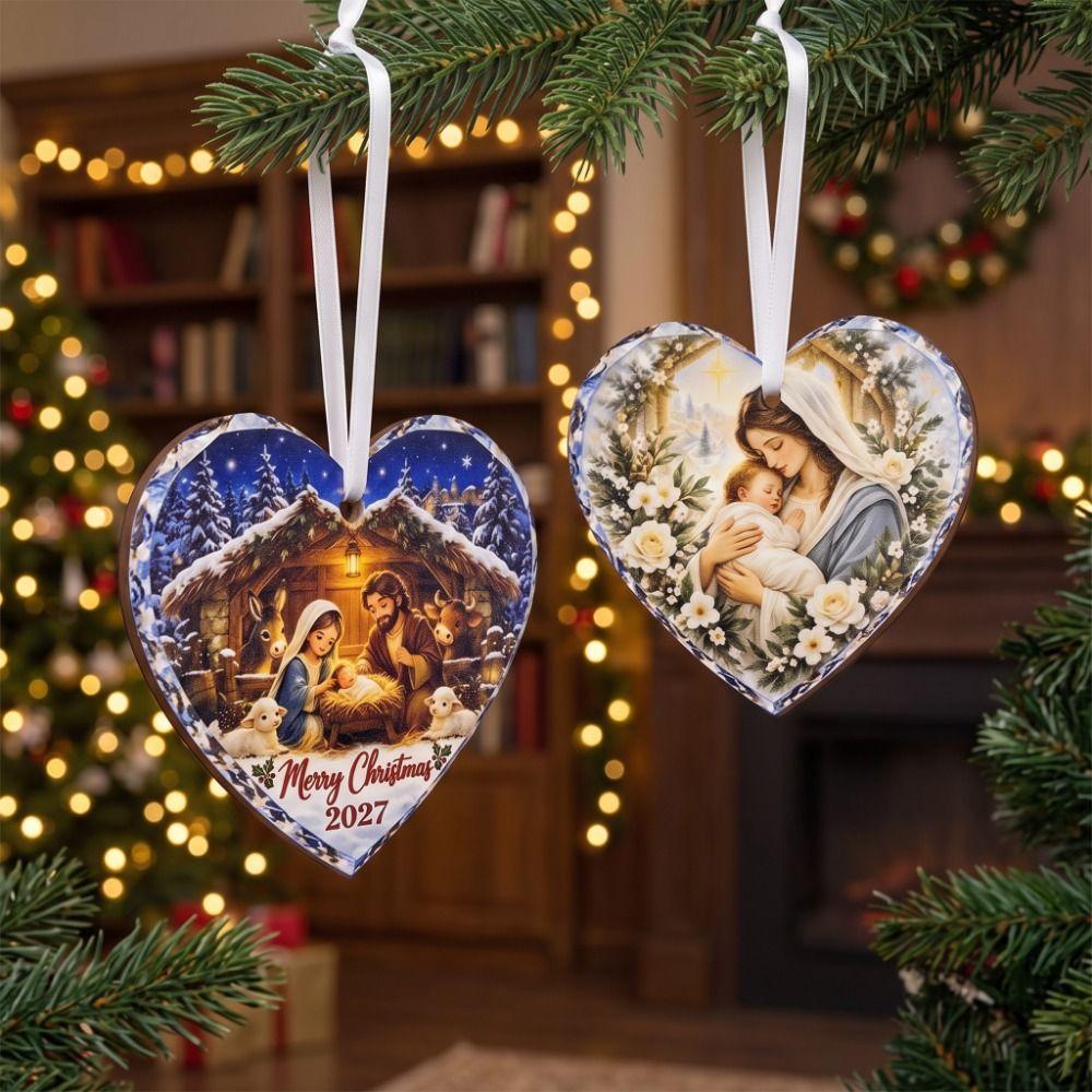 Heart Shape Nativity Scene Hanging Decorations Wooden Xmas Pendants Decorations Home Decor