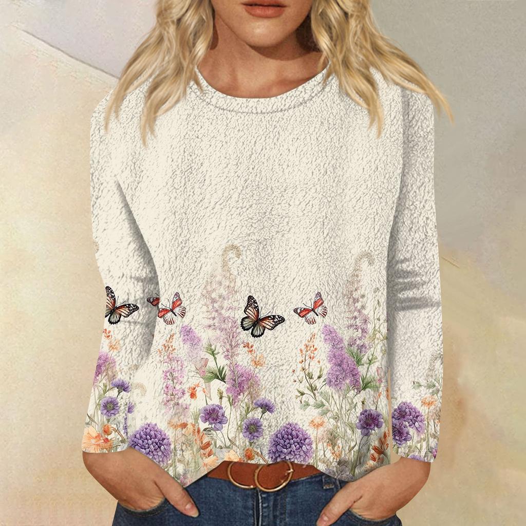 Женская модная повседневная фланелевая футболка с длинным рукавом и круглым вырезом с принтом