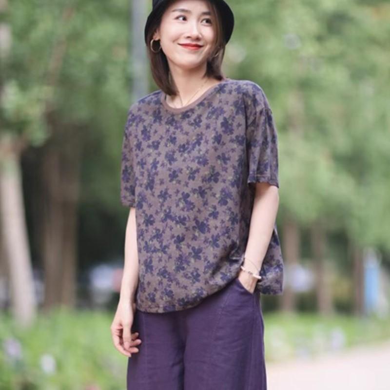 Johnature Женские футболки с цветочным принтом, летние футболки из смеси хлопка с круглым вырезом и короткими рукавами, повседневные футболки, женская одежда