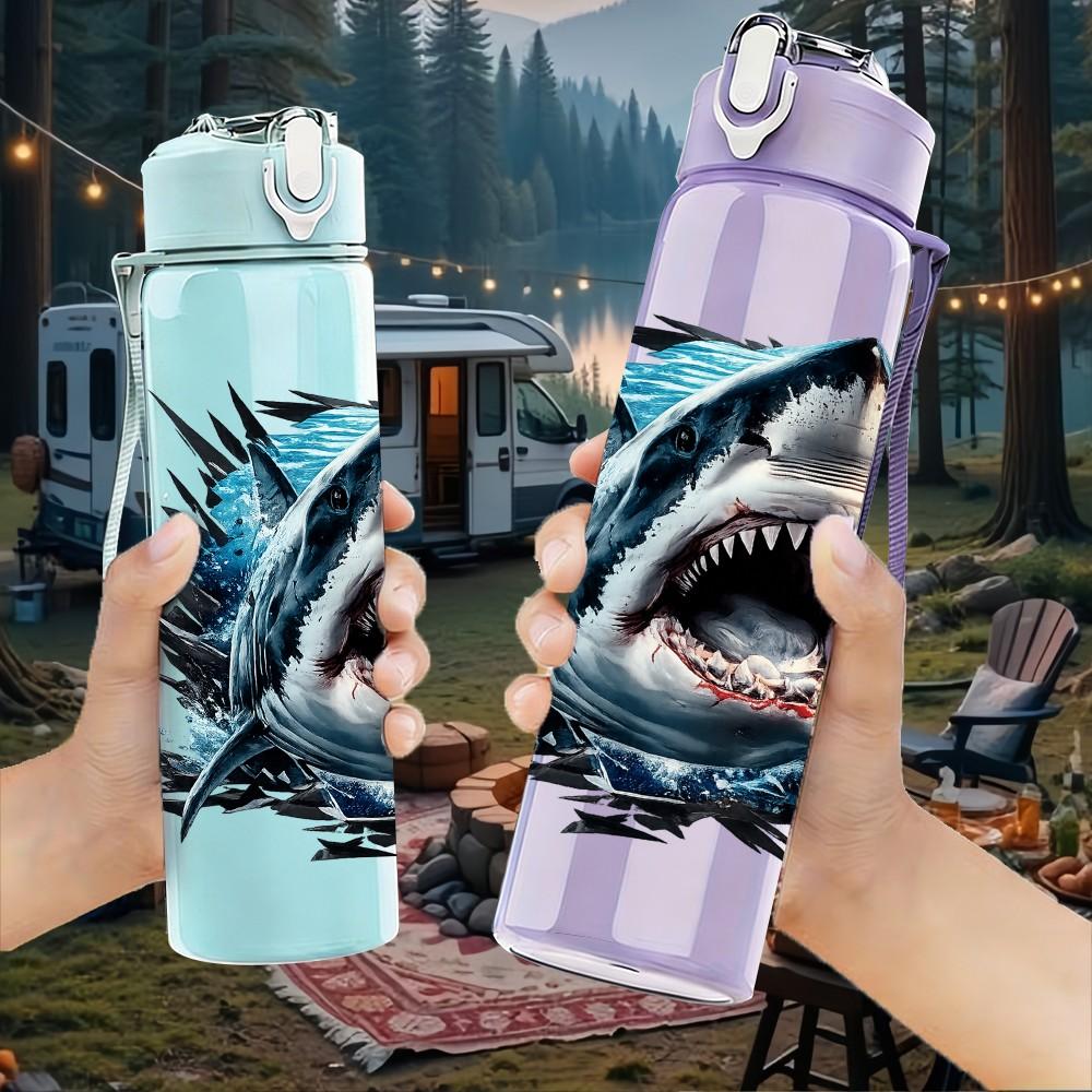 1PC Big Shark Open Mouth Cartoon Print 750ml Color Plastic Sports Water Bottle Leakproof Flip Straw Lid Suitable for Sports Office Home Use