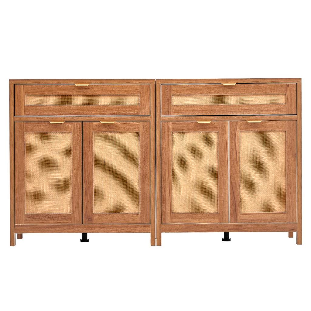 Rattan Cabinet with 4 Doors 2 Drawers Adjustable Shelves Set of 2 Natural