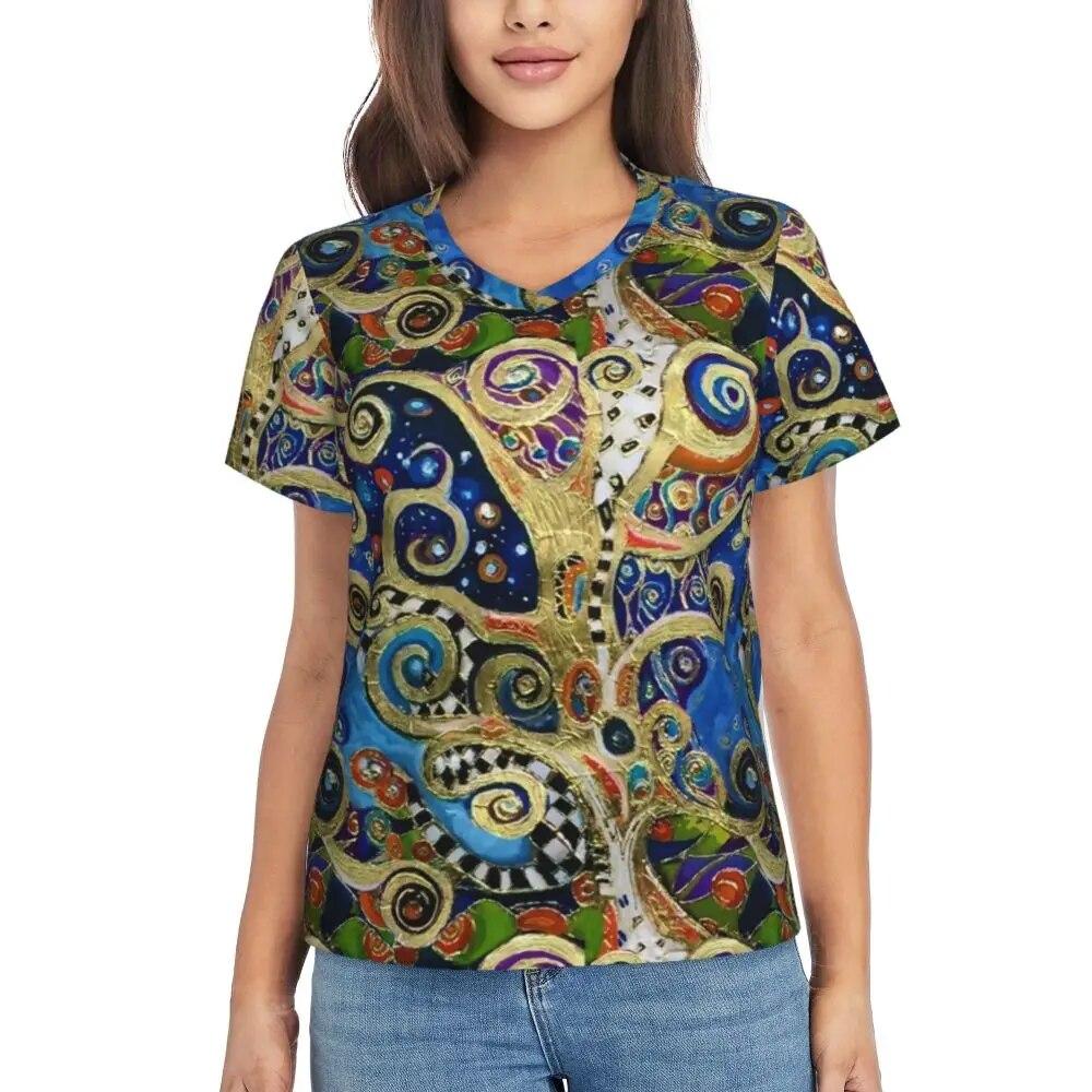 Gustav Klimt T Shirt The Kiss Hip Hop T-Shirts Women V Neck Basic Tops 2024 Beach Short Sleeve Pattern Clothes