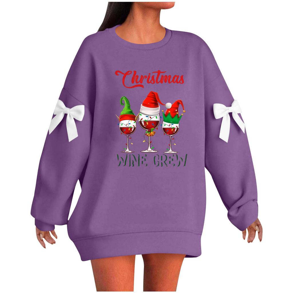 Ladies' Christmas Printed Bow Round Neck Long Sleeved Loose Pullover Sweater Sweatshirt Top