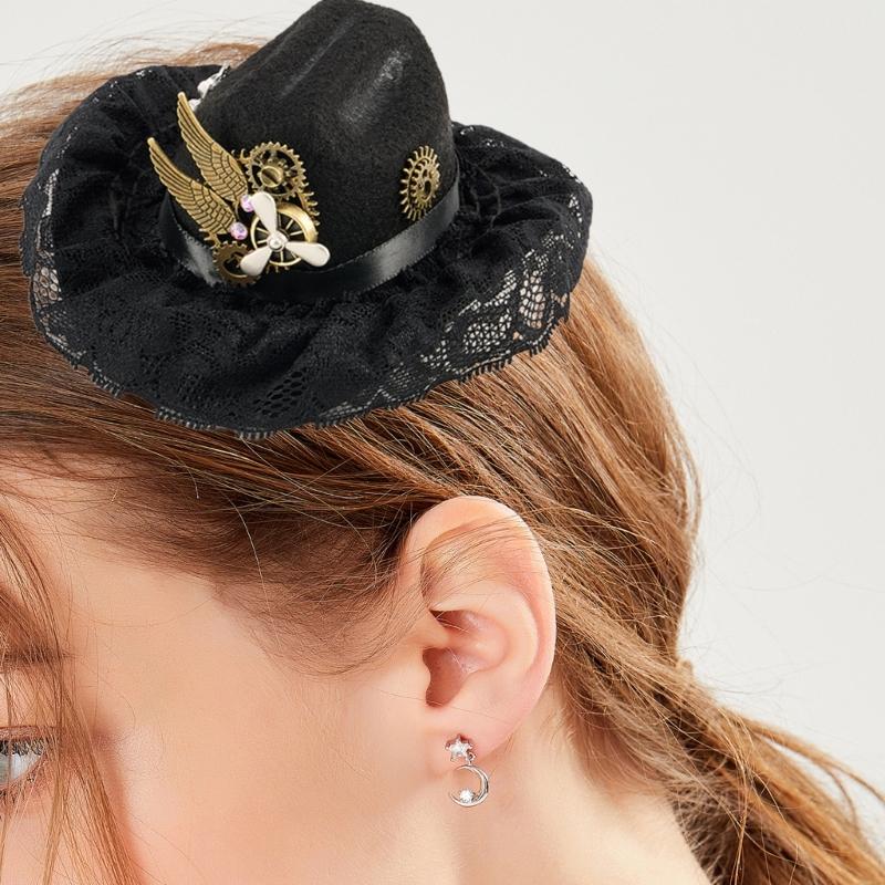 Готическая кружевная шляпа ковбоя с шестеренками, заколка для волос, винтажный готический аксессуар для головы для вечеринок и музыкальных фестивалей, для переодевания