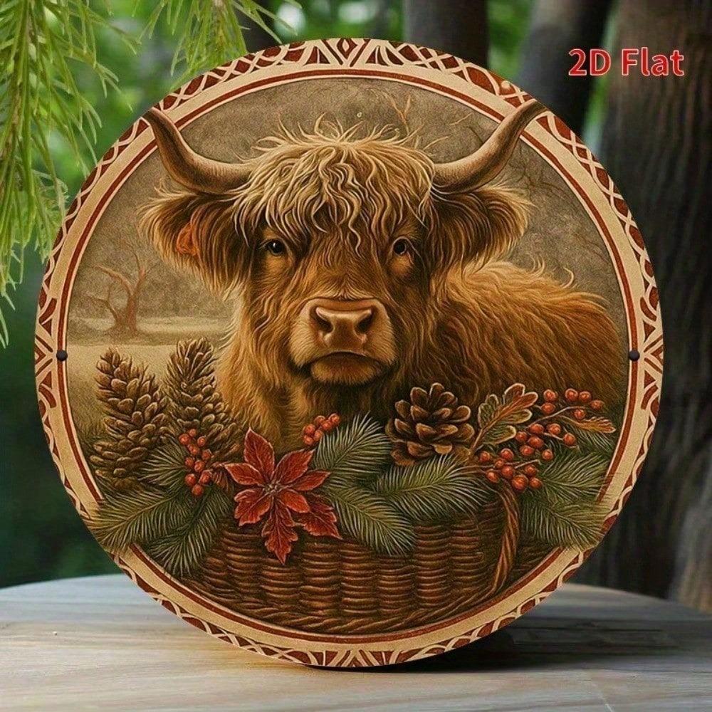 Забавная металлическая настенная art - Шотландская корова, Декор, Круглый знак в стиле farmhouse, Вдохновленный природой, Коричневый, Зеленый