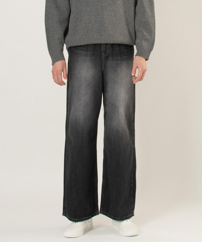 SALON DE SEOUL Unisex Washed Semi-Wide Denim Pants - Black