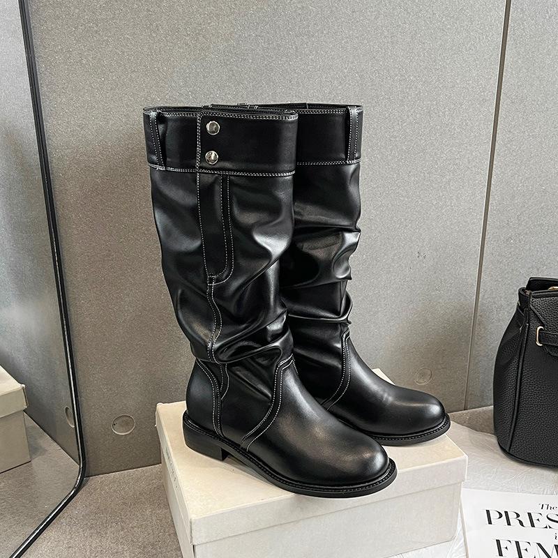 Женские плиссированные сапоги из овчины, новинка начала осени, имитация брюк с одной пряжкой и тонкой кожей, на толстой подошве, сапоги-рыцари на наборном каблуке