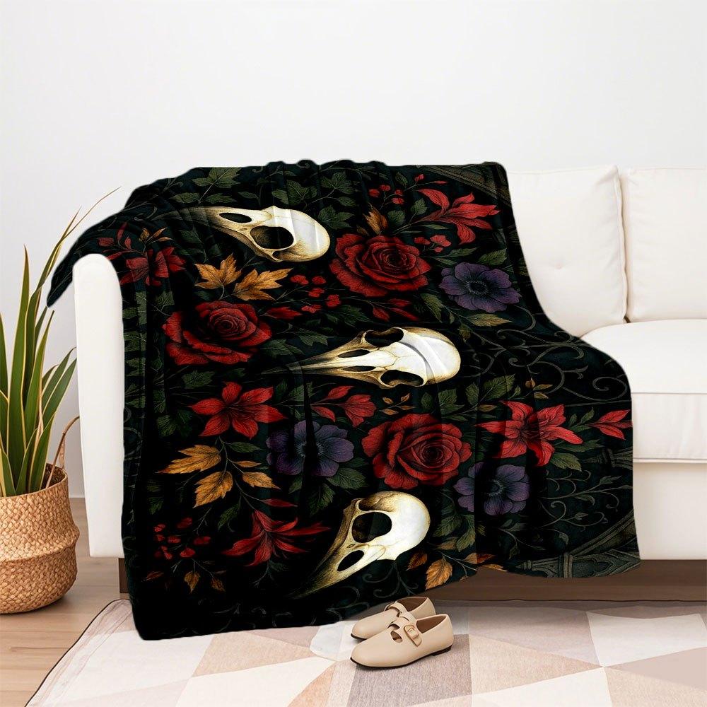 "Dark Gothic Floral Skulls Wall Art Print"Blanket Flannel Throw Blanket for Sofa, Bed, Travel, Camping, Office, Couch, Chair, And Bed Gift f