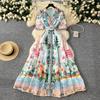 Spring Summer Luxury Flower Boho Bohemian Dress Women Notched Suit Single Breasted Short Sleeve Maxi Long Party Dresses