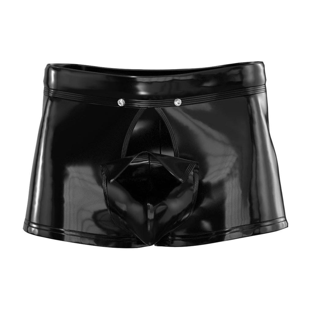Glossy Patent Leather Boxer Shorts for Men S-3XL: Elastic Waistband with Zipper Button Openable Crotch for Nightwear