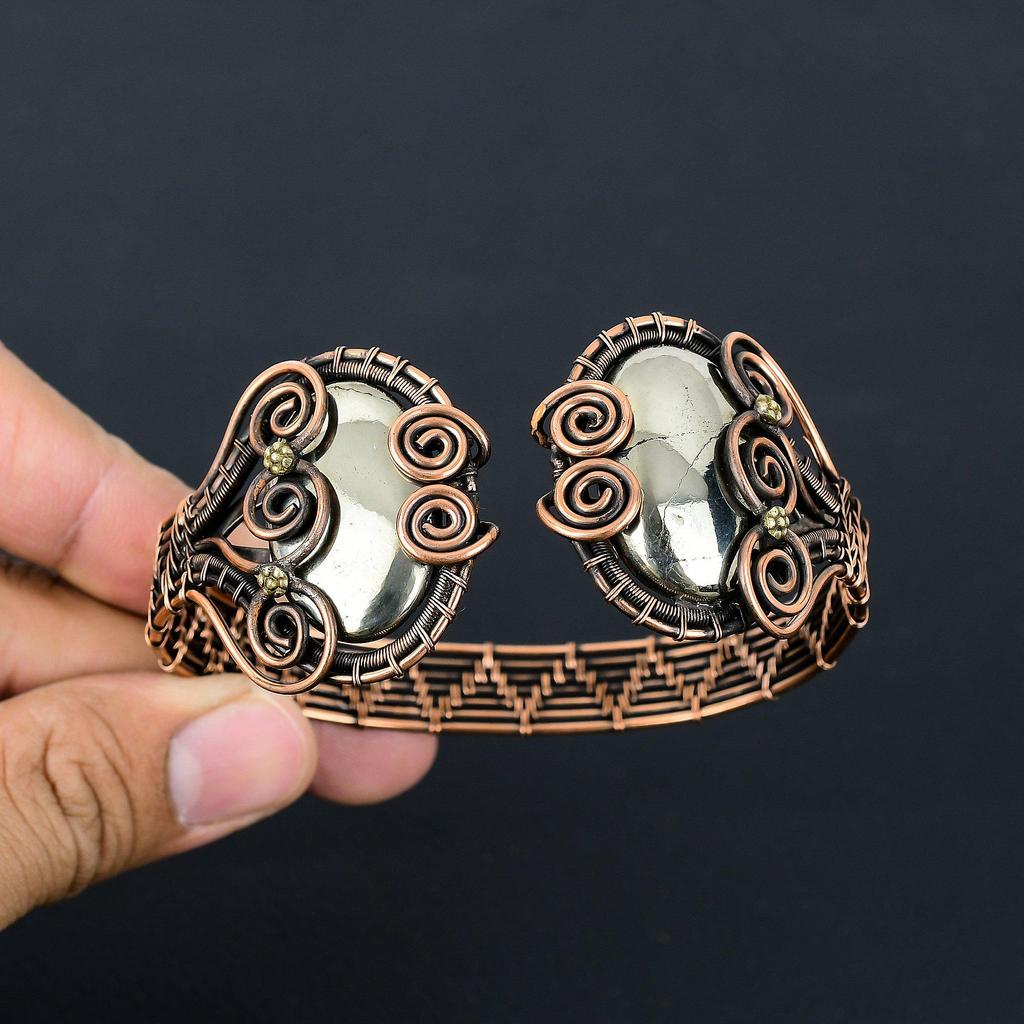 Золотой апачский пирит драгоценный камень чистая медная проволока обернутая вручную манжета / браслет регулируемые ювелирные изделия