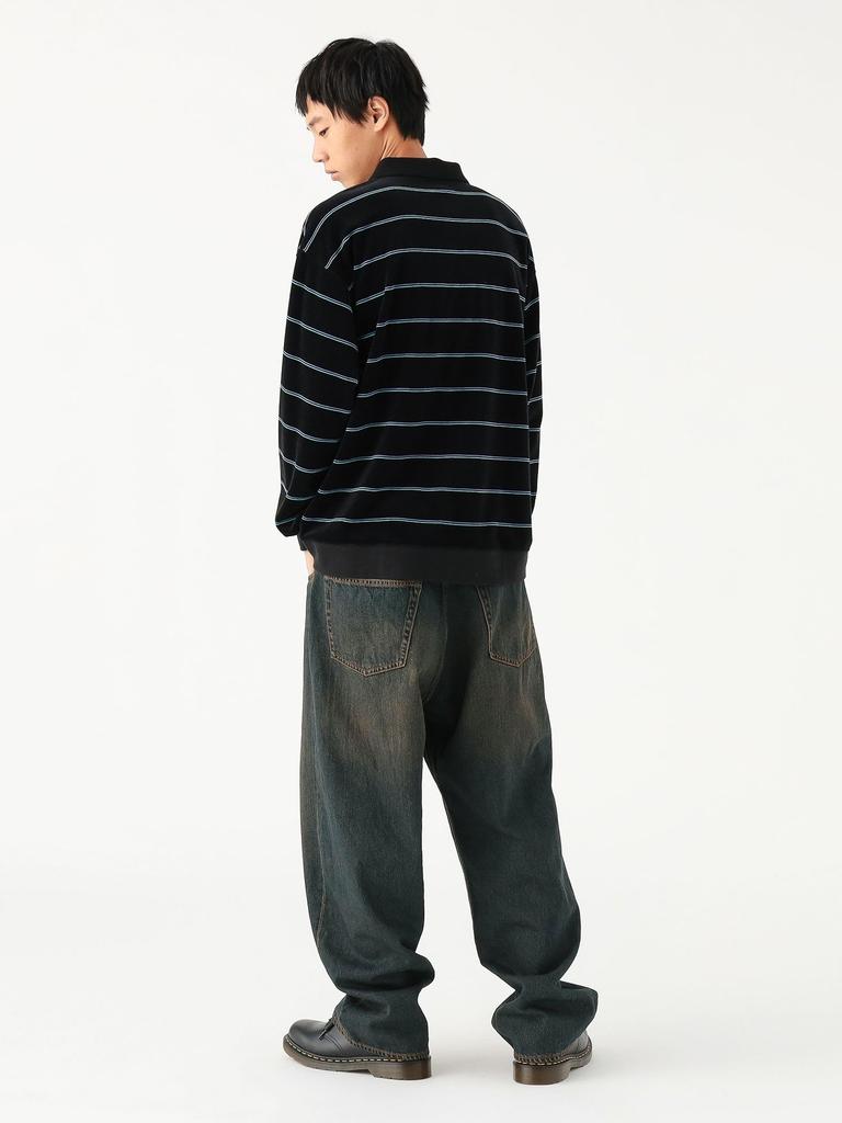 Beams Men's Wide Fit Velvet Striped Polo Shirt, Black, Size L (11120212639)