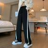Loose Straight Sport Pants with High Waist and Striped Hem, Casual Baggy Trousers