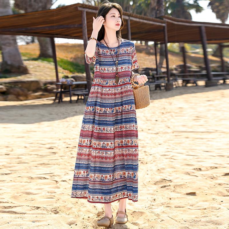 New summer cotton and silk dress women's medium and long fashion foreign style outer wear artificial cotton floral cotton skirt