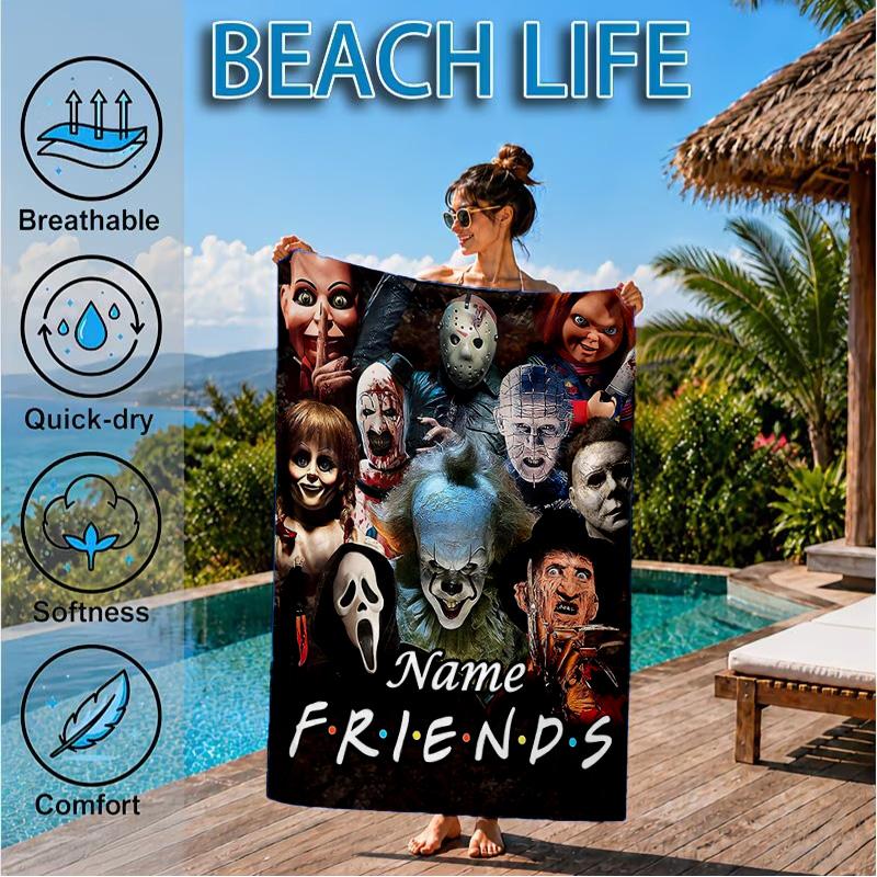 Custom Name Horror Characters Microfiber Beach Towel, Quick-Dry, for Summer Travel, Beach Essential, Picnic Essentials, Swimming Pool