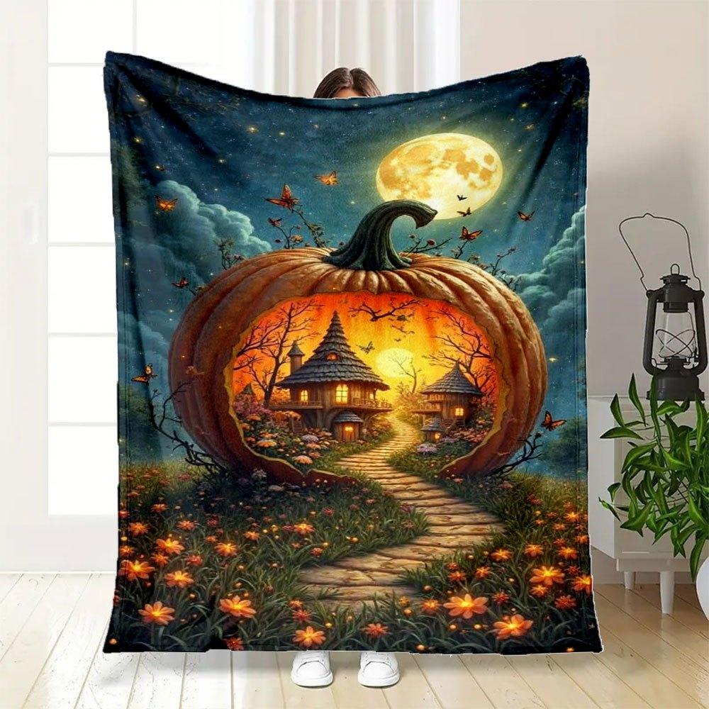 "Halloween Pumpkin House with Full Moon"Blanket Flannel Throw Blanket for Sofa, Bed, Travel, Camping, Office