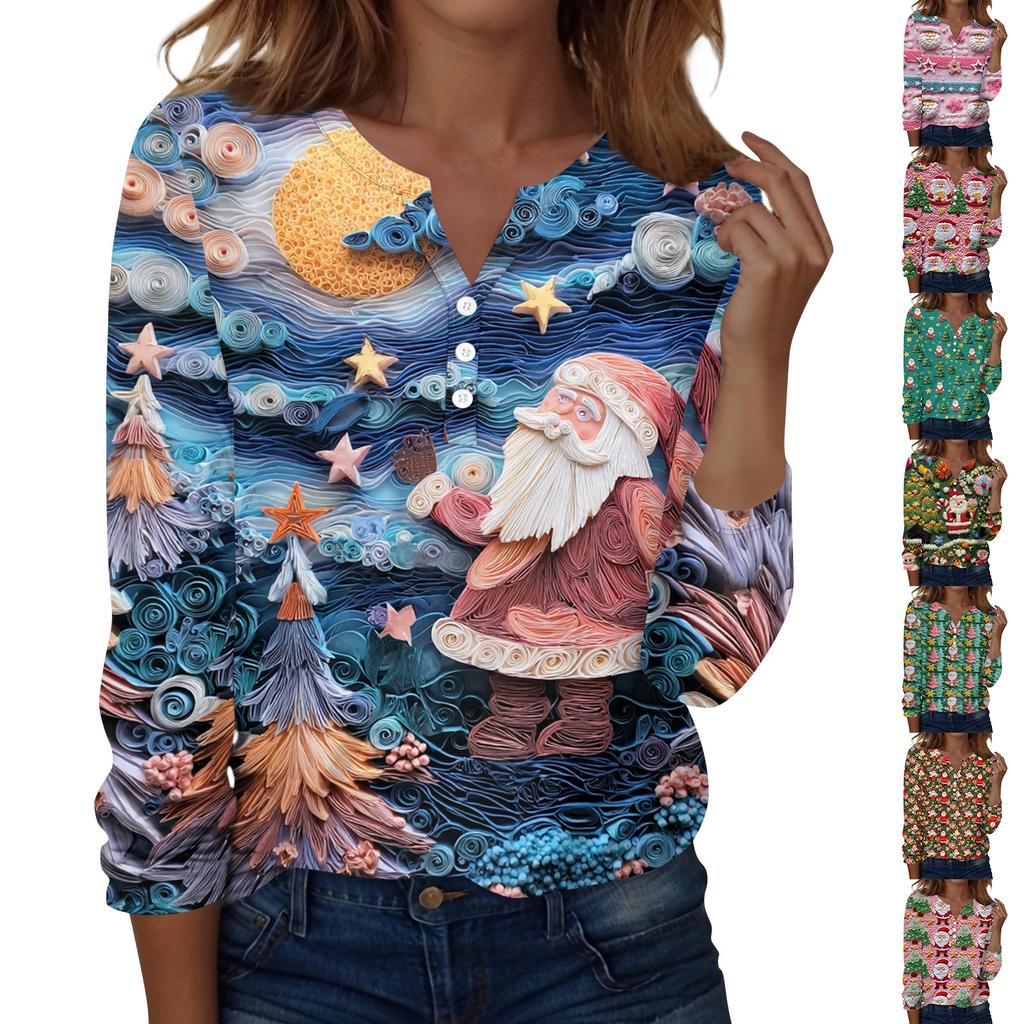 Women's Fashion Casual V-Neck Long Sleeve Decorative Button Christmas Print Top