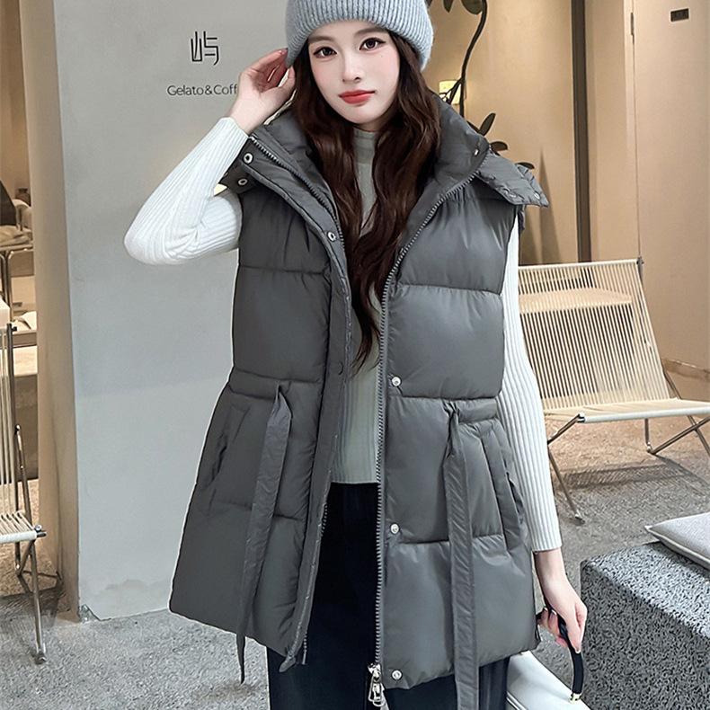 Autumn and winter new niche hooded single-breasted buckle lace-up waist versatile thickened cotton-padded vest jacket women